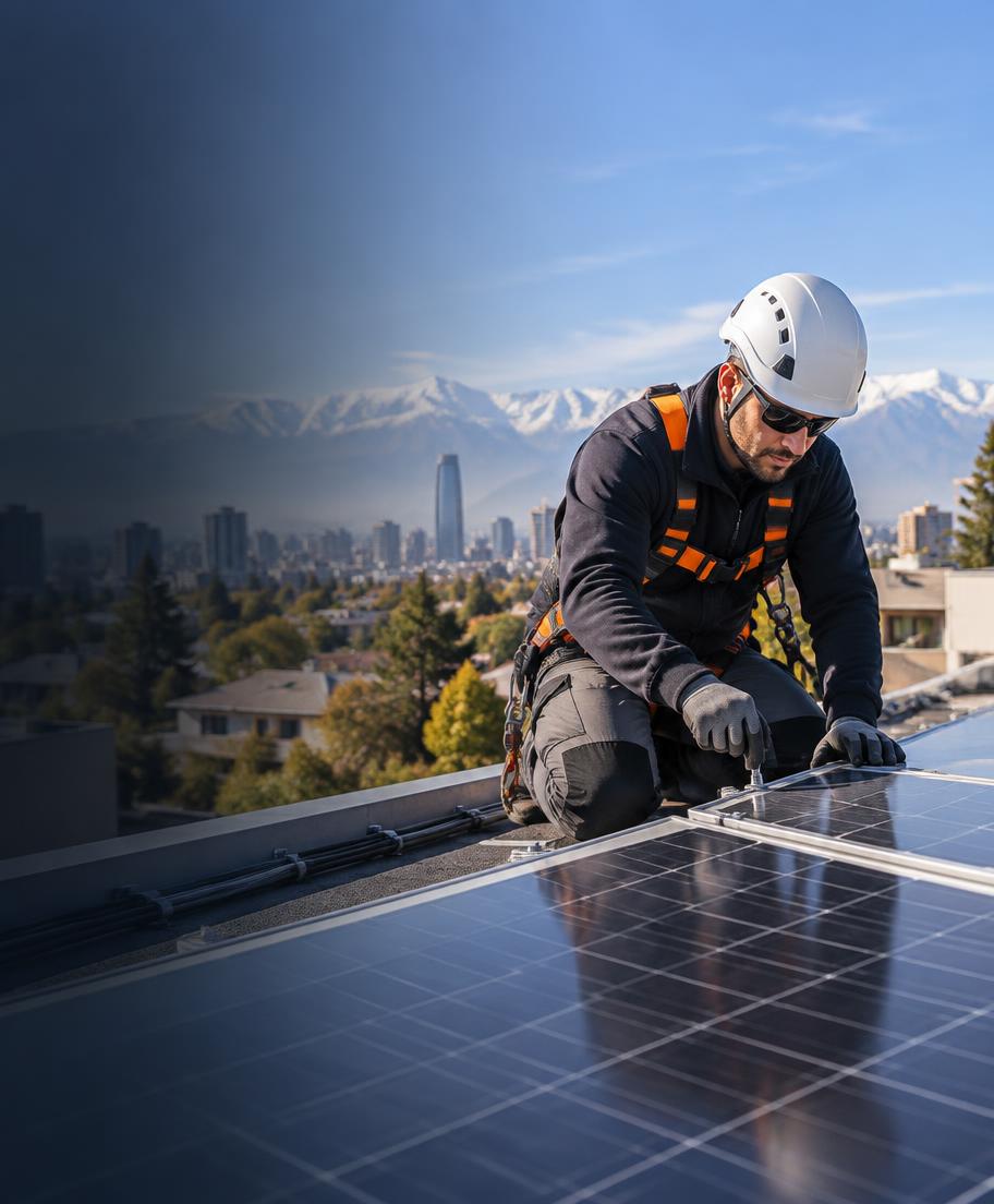 Técnico instalando paneles solares en Santiago