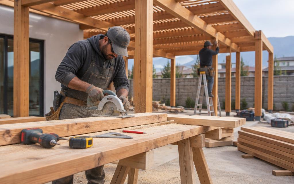 Carpintero construyendo una estructura de madera en obra